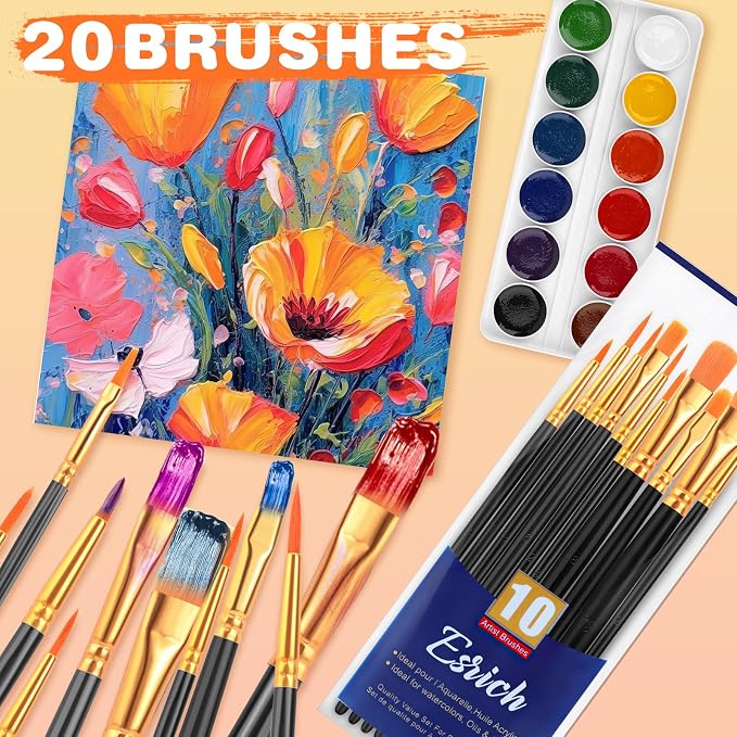 ESRICH 20PCS Paint Brushes, Paint Brush for Acrylic Painting | Artist Paintbrushes for Oil Watercolor, Body Face Rock Canvas, Small Paint Brushes for Kids, Black