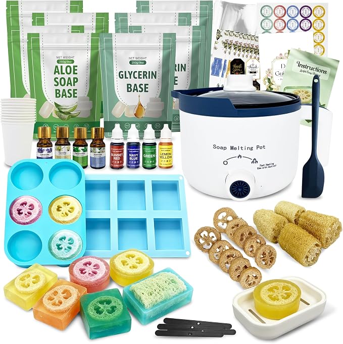 PIUH Loofah Soap Making Kit for Adults Making Handmade Loofah Soaps | 2 lbs Aloe & Glycerin Soap Base, 4 Essential Oils and 4 Dyes, 2 Silicone Molds, Complete Craft Tools & Packaging Supplies