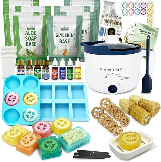 PIUH Loofah Soap Making Kit for Adults Making Handmade Loofah Soaps | 2 lbs Aloe & Glycerin Soap Base, 4 Essential Oils and 4 Dyes, 2 Silicone Molds, Complete Craft Tools & Packaging Supplies