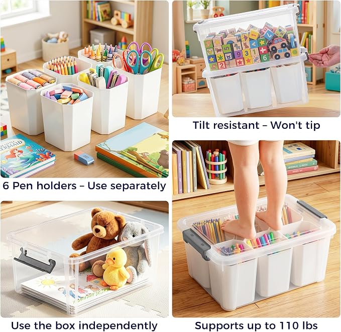 17QT 2Packs Clear Marker Organizer – 6 Detachable Inserts, Stackable Craft Organizers and Storage, Art Supply Organizer for Markers, Crayon, Pencils, Pens and Craft Supplies
