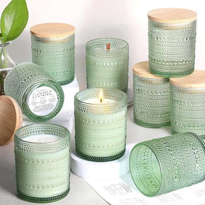 DARJEN 12 Pcs 10 oz Glass Candle Jars with Lids, Candle Tins-Green | Thick Wall Ribbed Glass, Airtight Wood Lids- The go to candle jar for DIY, thoughtful gifters, growing candle brands
