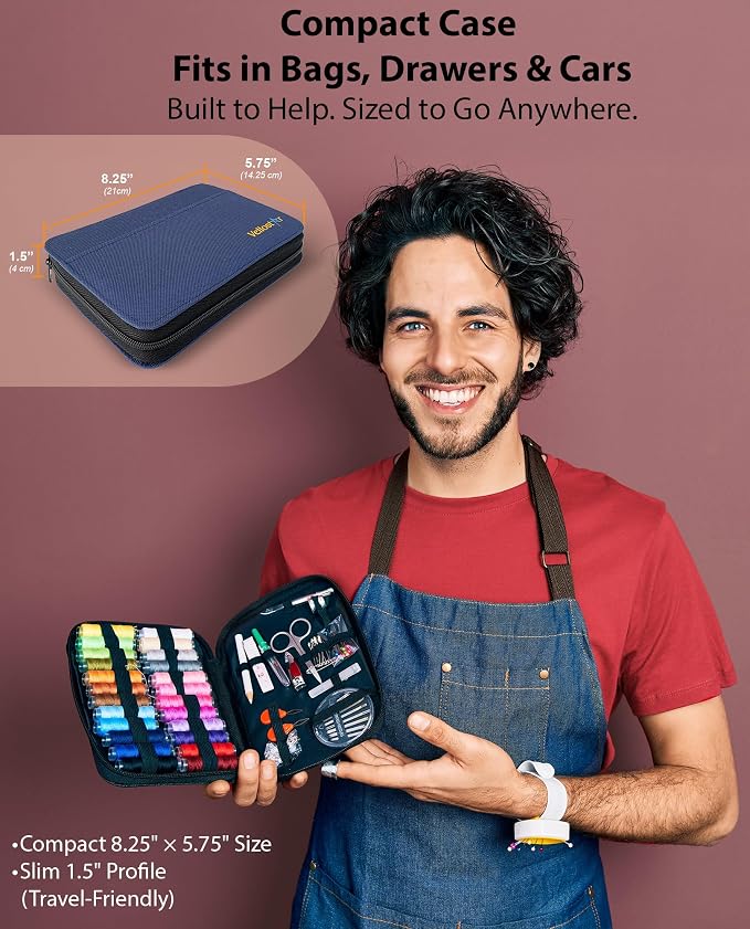 Vellostar Sewing Kit for Men & Adults - 100-Piece Navy Blue Beginner Set | 100-piece navy blue sewing kit with 36 needles, thread, scissors, and a durable travel case