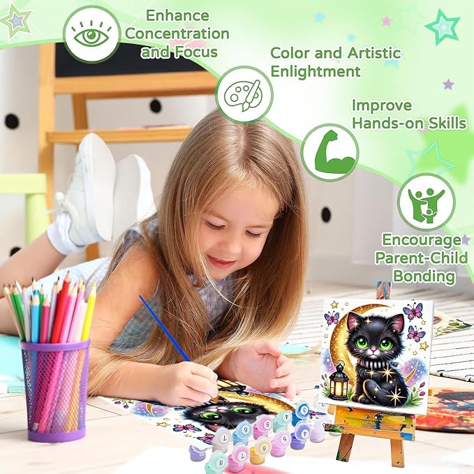 cviokrdu Cat Paint by Numbers Kit for Kids with Frame - Wooden Easel, Cats Paint by Numbers for Kids Ages 4 8 12, Easy Acrylic Oil Painting Kits for Home Wall Decoration 8x8 inch