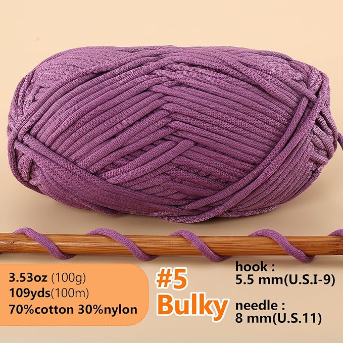 LUCKY BALL Yarn for Crocheting, 100g / 109 yd 70% Cotton 30% Nylon #5 Bulky Tube Yarn, Soft Crochet & Knitting Yarn for Bags, Hats, Socks, Sweaters, Blankets(Purple)