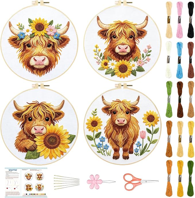 BEUNITONE 4pcs Embroidery Kit, Highland Cow & Sunflowers Stamped Embroidery Kits with Hoop, Thread & Needles, Colorful Cross Stitch Kits Sewing Gifts for Adults and Beginners, DIY Craft for Relaxation