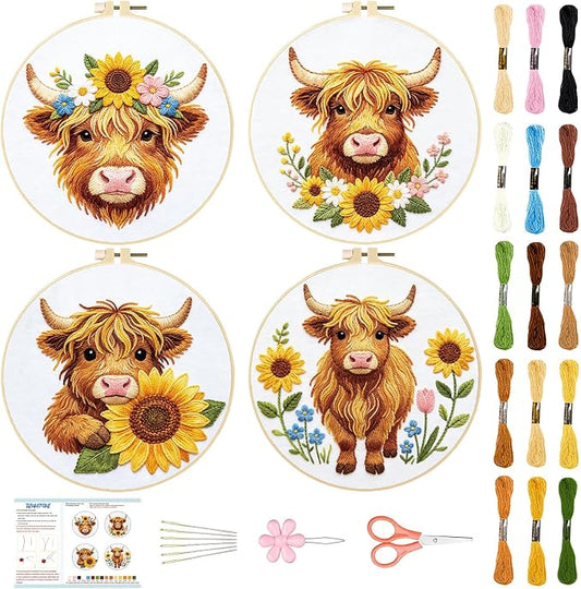 BEUNITONE 4pcs Embroidery Kit, Highland Cow & Sunflowers Stamped Embroidery Kits with Hoop, Thread & Needles, Colorful Cross Stitch Kits Sewing Gifts for Adults and Beginners, DIY Craft for Relaxation