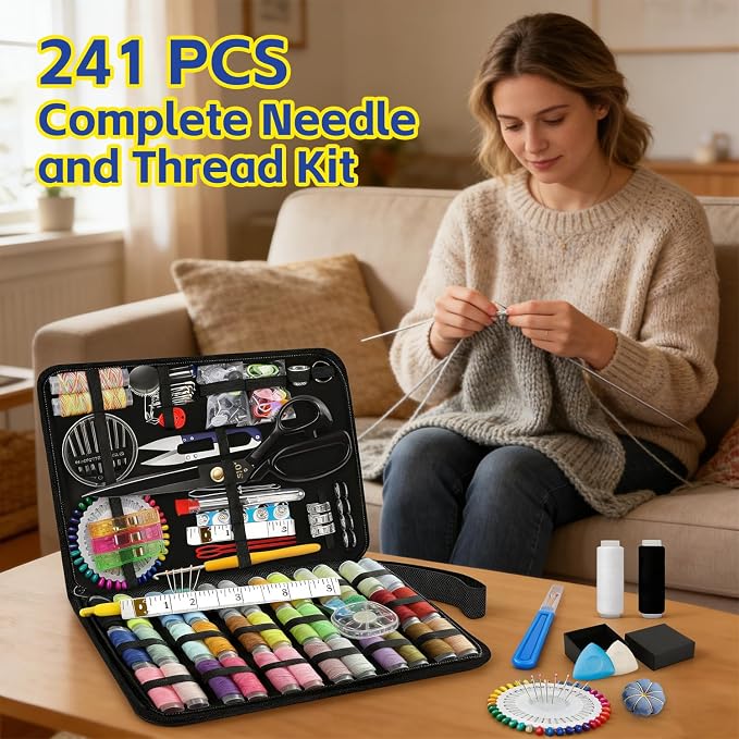 IOGOG Sewing Kit for Adults, 241 Pcs Complete Needle and Thread Kit with Heavy-Duty Fabric Scissors, 40XL Color Threads, Tailor Pens & Sewing Needles for Home Mending, Travel, Beginners
