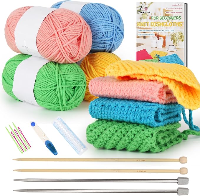 Aeelike Knitting Kit for Beginner Adult, Easy Dishcloth Knit Set, Color C | Knitting Set with Knitting Needles Milk Colorful Cotton Yarn Step-by-Step Instructions, Learn Basic Knitting, Ideal Gift