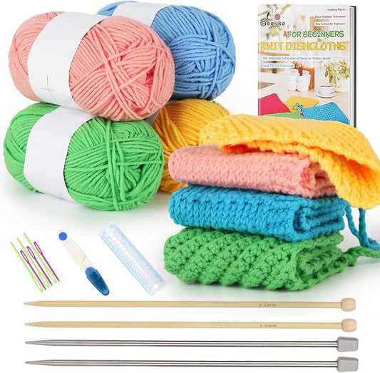 Aeelike Knitting Kit for Beginner Adult, Easy Dishcloth Knit Set, Color C | Knitting Set with Knitting Needles Milk Colorful Cotton Yarn Step-by-Step Instructions, Learn Basic Knitting, Ideal Gift