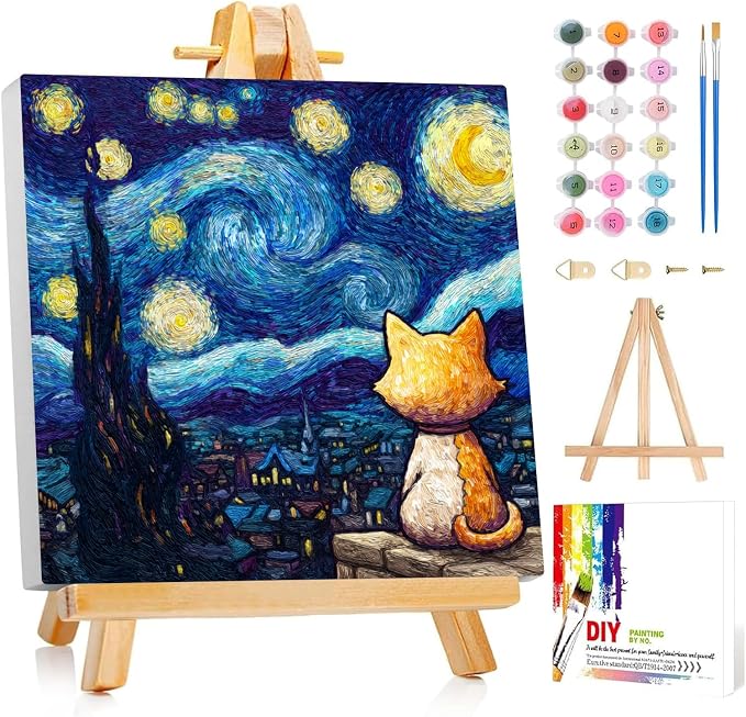 Framed Paint by Numbers Kit for Adults Beginner & Kids Ages 8-12 Starry Night Adult Paint by Number Kits on Canvas with Easel Cat Painting by Numbers for Adults with Frame DIY Painting Kits 8x8 Inch