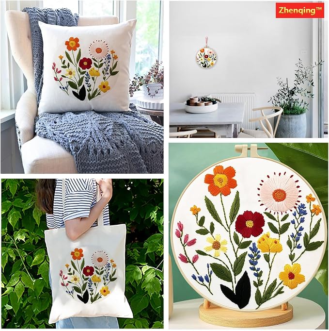 Zhenqing Wildflower Embroidery Kit for Beginners, Floral Needlework Kit with Pre-Printed Cotton Fabric, Hoop, Threads & Tools, Flower Wall Decor (C0125)