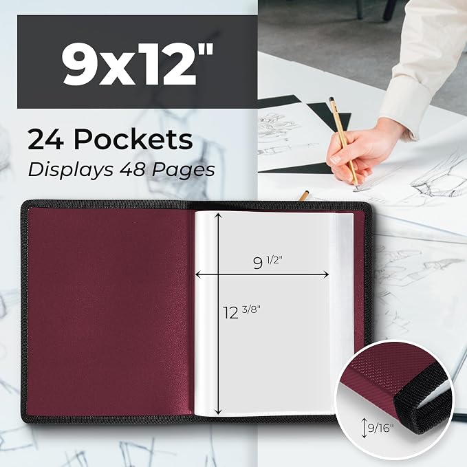 Dunwell Art Portfolio 9x12, 24 Pockets, Displays 48 Pages, Ruby