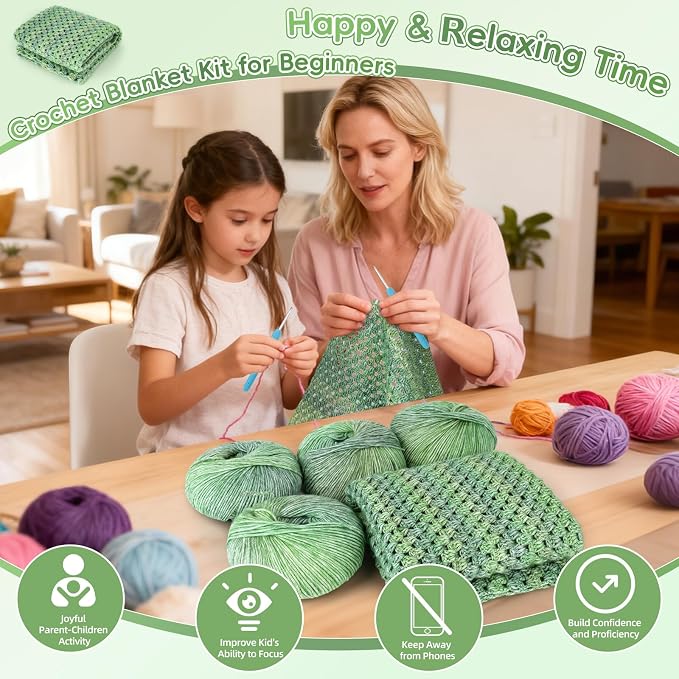 Aeelike Crochet Blanket Kit for Beginners, Easy Crochet Kit, Green Gradient