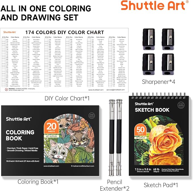 Shuttle Art 174 Colored Pencils for Adults, Soft Core Coloring Pencils Set with 1 Coloring Book, 1 Sketch Pad, 4 Sharpener, 2 Pencil Extender, Perfect for Artists Kids Adults, Drawing