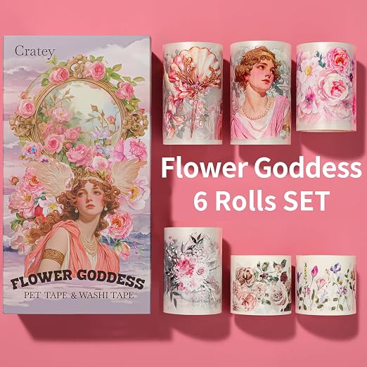 Pre-Cut PET Tape Stickers, Pet Washi Tape Set for Journaling - 4 Rolls PET & 2 Rolls Washi Tape, Greek Goddess Style with Renaissance Women & Architecture