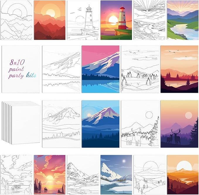 Chuangdi 10 Pcs Landscape Pre Drawn Canvas for Painting Pre Printed Paint and Sip Party Supplies 8 x 10 Inch Stretched Outline Board Painting Kit for Adults Beginner Artist DIY