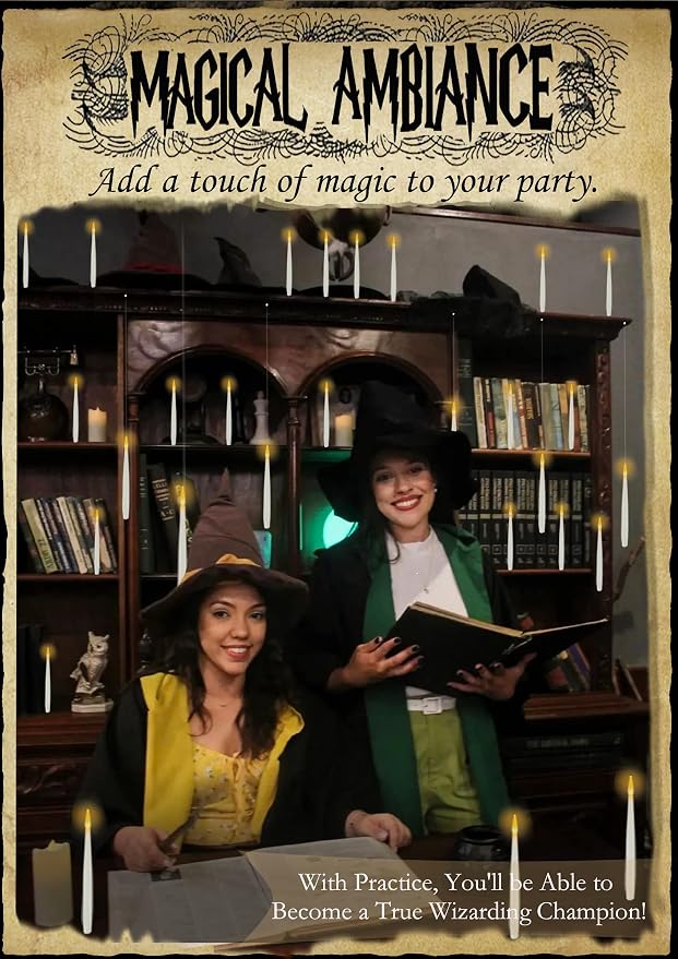 Halloween Decoration Floating Candle with Wand Magic LED Flickering-20PCs | Warm Light Flameless Battery Operated Taper Hanging Candles Set for Birthday Theme Party Gift Classroom Christmas Decor