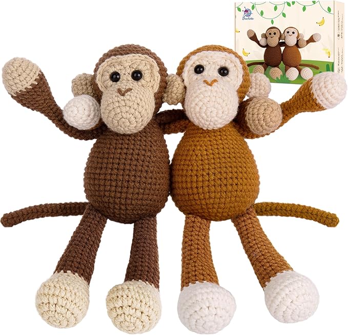 Crochetta Crochet Kit for Beginners, Crochet Kits with Step-by-Step Video Tutorials, Learn to Crochet Animal Kit for Adults Kids, DIY Craft Knitting Supplies, Monkey Amigurumi Gift(40%+ Yarn)