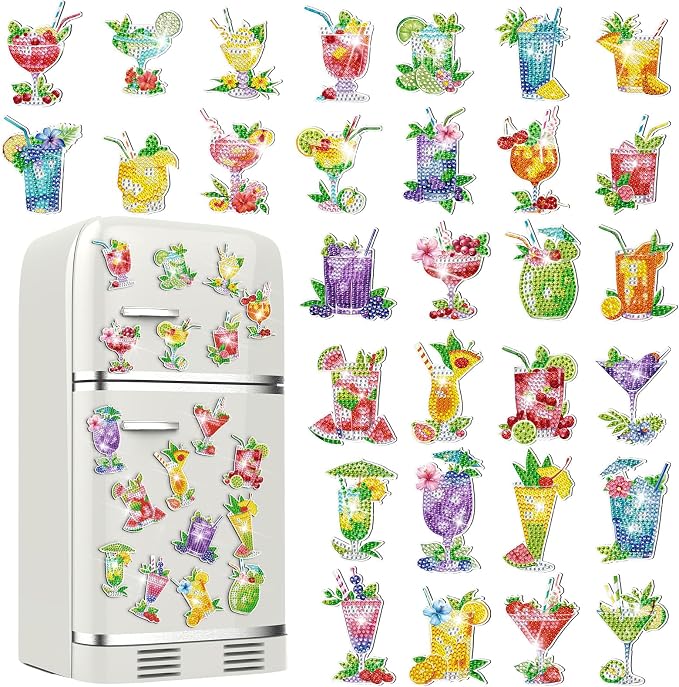 Remuuly 30 Pcs Cocktail Diamond Painting Magnets Diamond Art Kits for Adult | Tropical Drink Refrigerator Magnets, Cocktail 5D Rhinestone Fridge Magnetic Sticker, Diamond Club Gifts, Beginner DIY Crafts