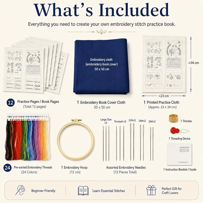 Zhenqing Embroidery Stitch Kit for Beginners, Stitch Practice Sampler Book with 200+ Patterns, Pre-Printed Fabric, Hoop, Threads, Needles & English Guide, DIY Needlework Learning Set