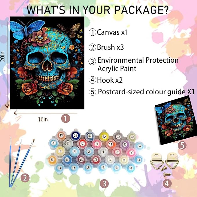 Arttoplus Skull Paint by Numbers Kit for Adults Beginner 16x20 inch | Butterfly Adult Paint by Number Kits on Canvas, Skeleton Oil Painting by Number for Gift Home Wall Decor (Without Frame)