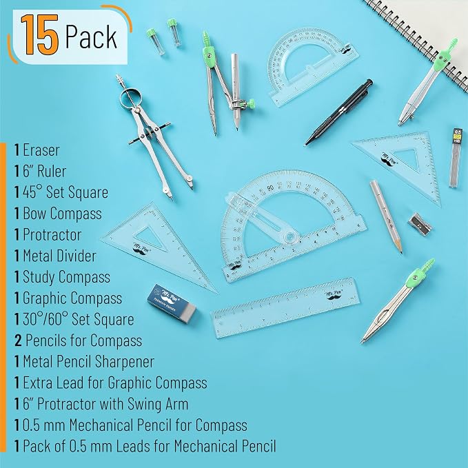 Mr. Pen- Geometry Set, 15 pcs, Green, 6 Inch Swing Arm Protractor, Divider | Set Squares, Ruler, Compasses and Protractor