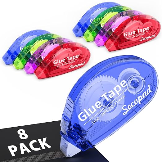 Secopad Scrapbook Tape, 8 Pack Glue Tape, Bright-Colored Shell | 0.3IN x 26FT, Sticky & Safe, Double Sided Tape for Crafts, Scrapbooking Junk Journaling Supplies, For School Office Teachers