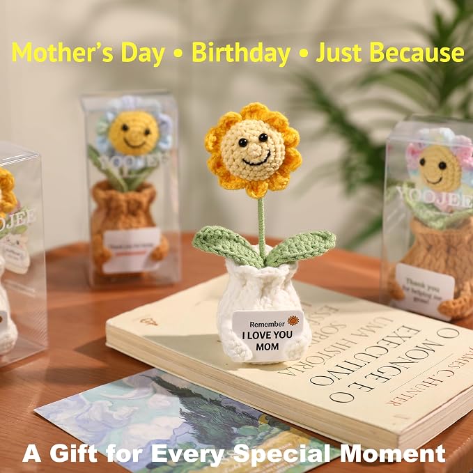 Crochet Sunflower Gift for Mom from Daughter Son, “I Love You Mom” Handmade Flower, Cute Desk Decor, Appreciation Ready-to-Gift with Box