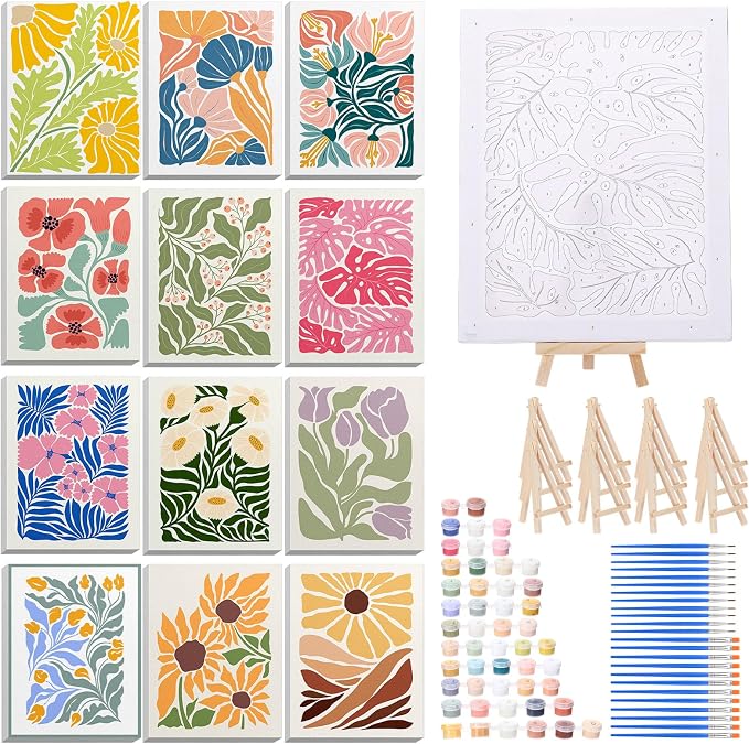 RoundFunny 12 Set Paint by Numbers Kit for Adults Flowers Painting 8x10 | with Wooden Frame Easel Acrylic Paints Brushes Watercolor Oil, DIY Stress Relief Paint by Number for Beginner Home Wall Decor