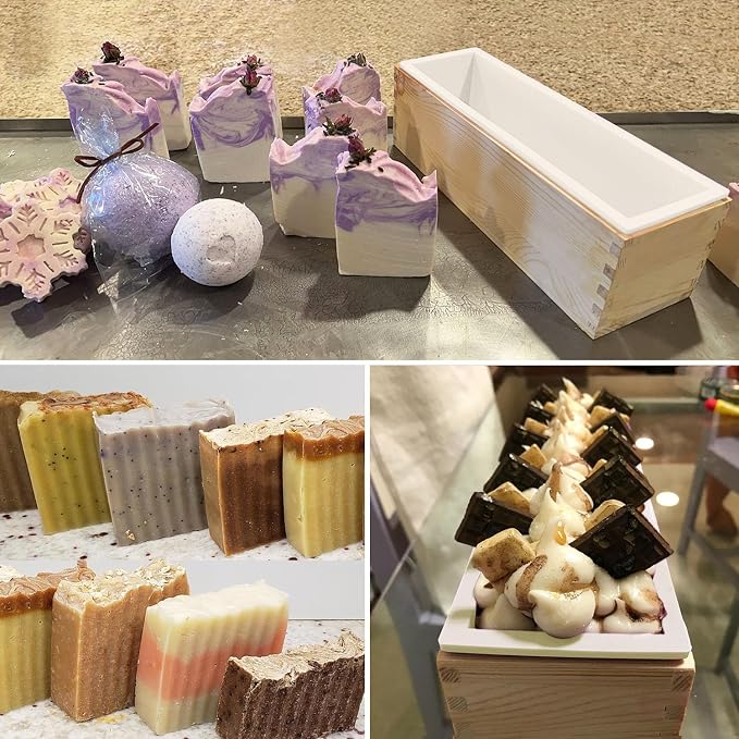 Artisan Soap Loaf Wood Box for Soap Making White 4 Packs 42oz Premium Silicone Loaf Soap moldss with Wooden Box and Lid - Ideal for Large Size Homemade Soaps, Flexible and Heat Resistant