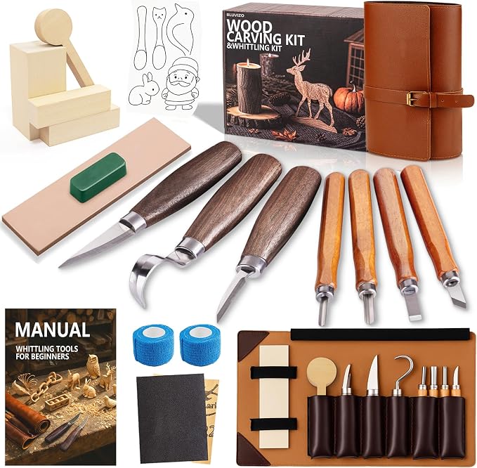 Wood Carving Kit Whittling Kit: Wood Carving Knife Tools with Leather Case | Woodworking Hobby Kit for Beginners Adult Kids, Relaxing Creative Projects, DIY Art Craft Gift for Men Teens