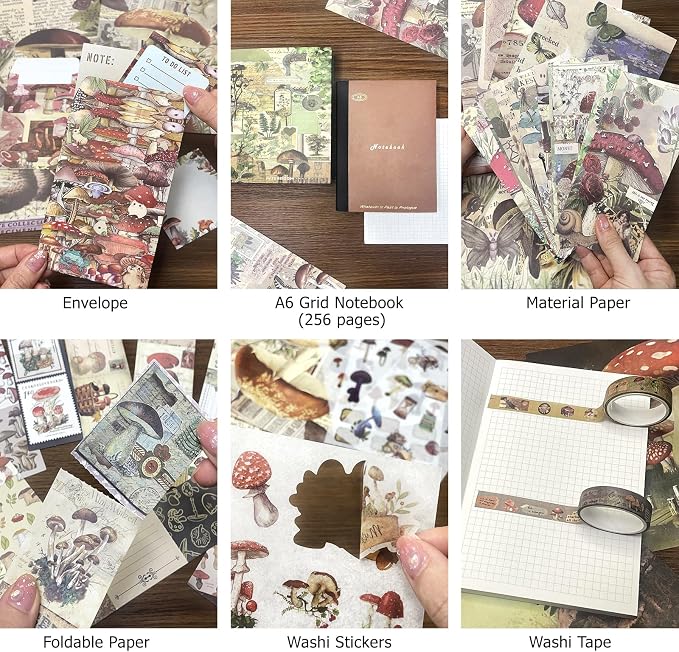BoomTeck Vintage Scrapbooking Kit – Aesthetic Junk Journal Supplies with Scrapbook Paper, Washi Stickers, A6 Grid Notebook, DIY Craft Journaling Gift Set for Teens & Adults (Mushroom Theme)