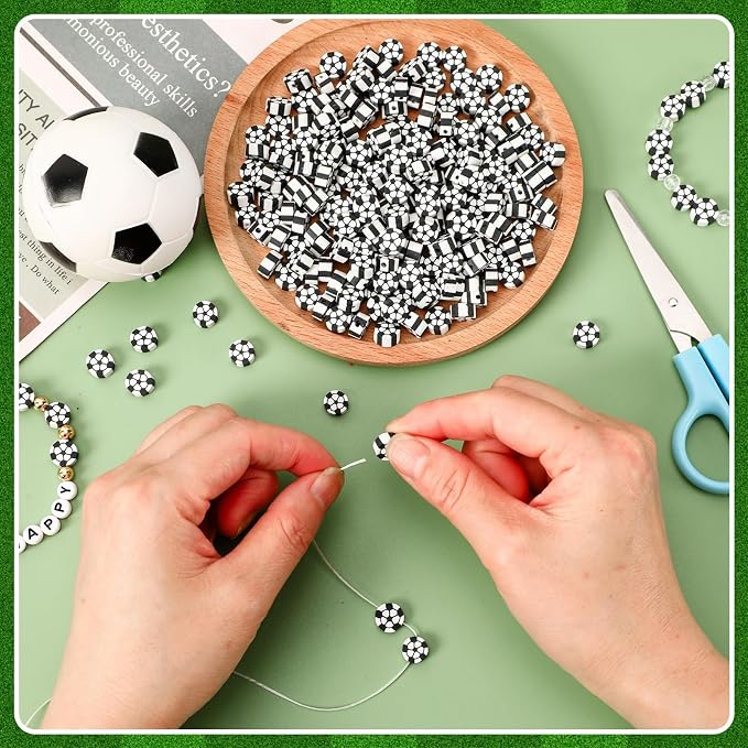 Augshy 300Pcs Soccer Clay Beads,Soccer Flat Polymer Clay Beads Charms Sports Beads for Bracelets Jewelry Making Necklaces Earrings and Crafts Supplies