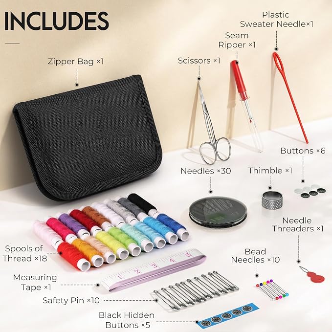 Coquimbo Sewing Kit for Adults, Christmas Stocking Stuffers for Teen Girls | Gifts for Mom, Dorm Room Essentials, Sewing Supplies, Needle and Thread Kit, Portable for Travel, Emergency, Beginner (Black)