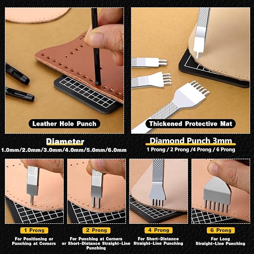 Leather Stitching Punch Hole Punch Tool Set, 3mm 1/2/4/6 Prong Punch Chisel