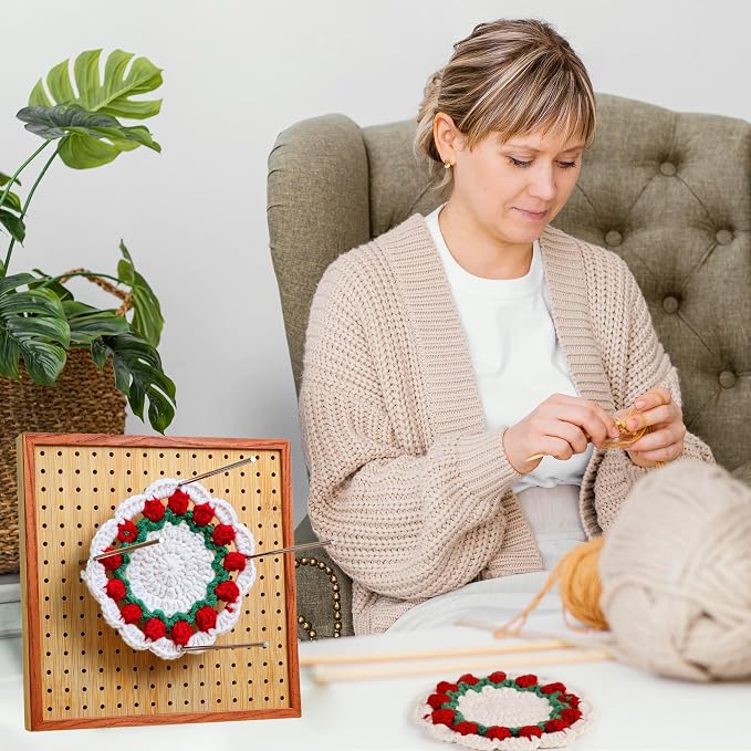 HHSarioneiro 7.8" Crochet Blocking Board with 16 Pins/Pegs, Granny Square Blocking Boards for Crochet Projects, Wooden Crocheting Accessories Gifts for Crocheters