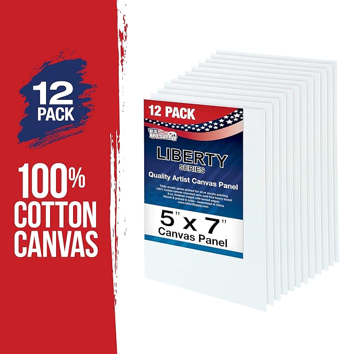 U.S. Art Supply 5 X 7 Inch Art Canvas Board Panels 12 Pack - 8 Ounce | Heavyweight Cotton Acid Free Canvases for Painting Acrylics and Watercolor (1 Case of 12 Single Canvas Painting Panels)