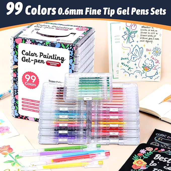 Colored Gel Pens for Coloring, 99 Colors 0.6mm Fine Point Gel Pens Colored Set for Adult Coloring Books, Journal Pen Markers for Journaling Supplies, Writing Drawing Note Taking School Office Home