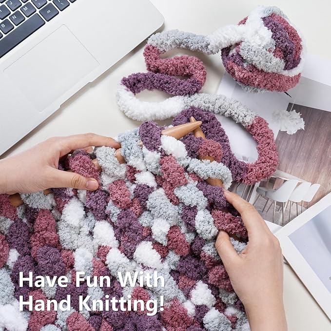 Cozyful Chunky Yarn for Hand Knitting - #10 Chunky Chenille Blanket Yarn, Jumbo Big Thick Chunky Yarns for Crocheting, Tie Dye Bulky Knit Yarns, 8 Skein (20 yds 8 oz Each Skein), Purple&Mauve&Grey