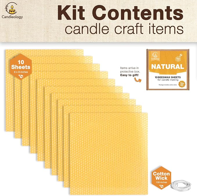 Natural Beeswax Sheets for Candle Making (10-Sheet Pack with Cotton Wicks) Natural Yellow Tone - DIY Beeswax Candle Rolling Kit for Kids & Adults