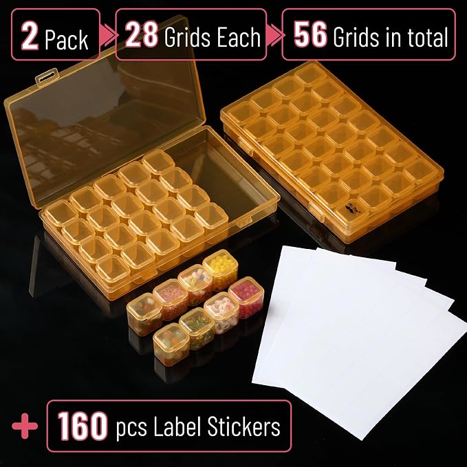 Mr. Pen- Bead Storage Containers, 28 Grids, 2 Pack, Transparent Orange | 160 pcs Label Stickers, Transparent, Small Bead Organizer Box, Diamond Art, Diamond Painting Organizer