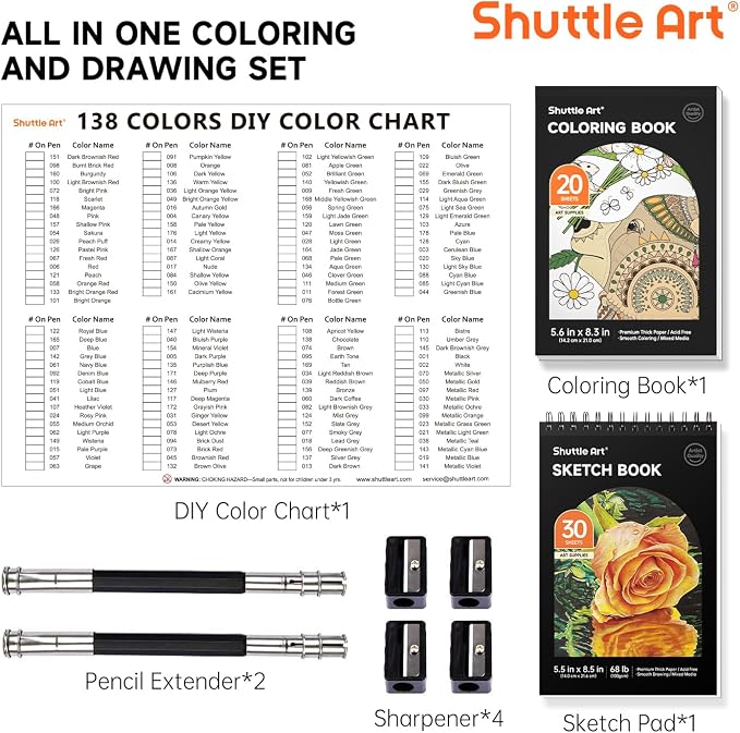 Shuttle Art 138 Colored Pencils for Adults, Soft Core Coloring Pencils Set with 1 Coloring Book,1 Sketch Pad, 4 Sharpener, 2 Pencil Extender, Perfect for Artists Kids Adults, Drawing