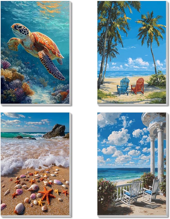 4 Pack Beach Framed Paint By Numbers Kit for Adults Beginner Sea Turtle Adult Paint By Number Kits on Canvas Painting By Numbers for Adults with Frame Diy Painting Kits for Home Wall Art 8x12 Inch
