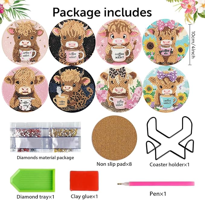 mrpwnle Diamond Art Coasters Kits, 8 Pcs Cow Diamond Painting Coasters Kits
