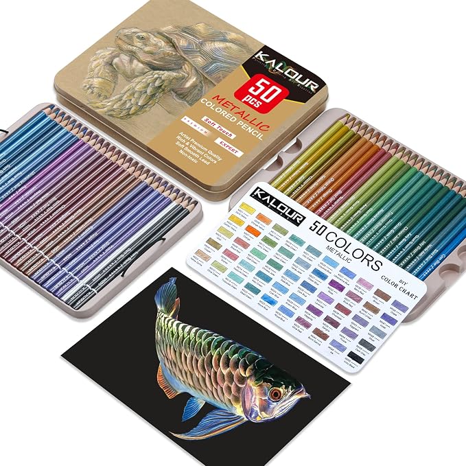 KALOUR 50 Piece Metallic Colored Pencils for Adult Coloring,Soft Core with Vibrant Color,Ideal for Drawing Blending Sketching Shading,Coloring Pencils for Adults Beginners
