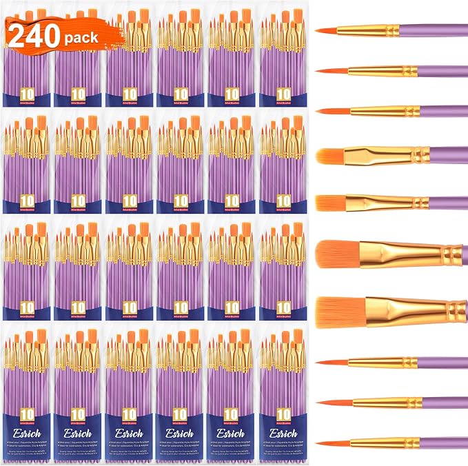 ESRICH 240PCS Paint Brushes, Paint Brush for Acrylic Painting | Artist Paintbrushes for Oil Watercolor, Body Face Rock Canvas, Small Paint Brushes for Kids, Purple