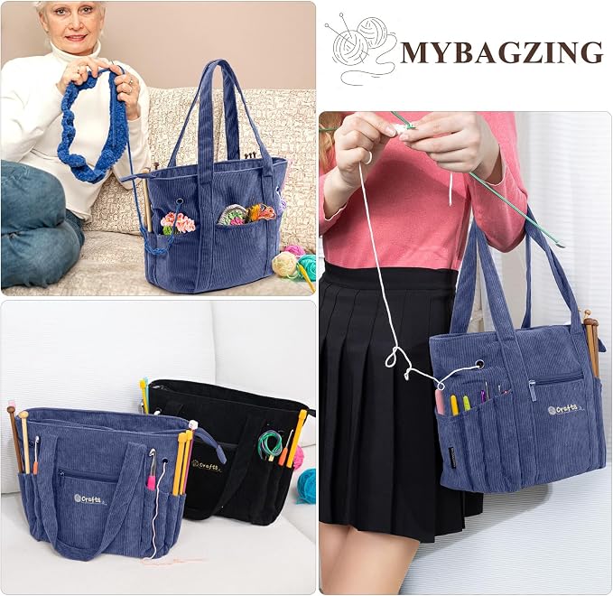 MYBAGZING Crochet Bag and Tote - Corduroy Yarn Bag - Yarn Holder for Crocheting - Crochet Storage Bag for Crochet Hooks, Crochet Accessories, Knitting Bag for Crochet Lovers, Mother's Day Gift