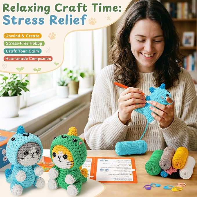 Fortuning's JDS Crochet Kit for Beginners, 2 Pack Dinosaur Cat Crochet Kit