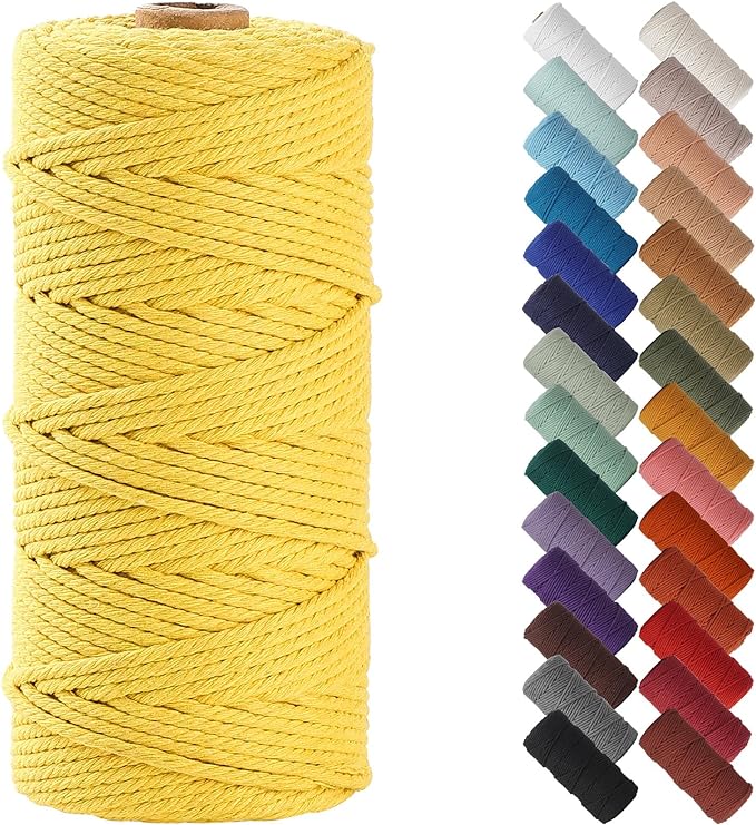 NOANTA Yellow Macrame Cord 3mm x 109yards, Colored Cotton Rope Macrame Yarn | Macrame Rope Supplies, 3 Strand Twisted Cotton Yarn String, Cotton Cord for Wall Hanging, Plant Hangers, Crafts, Knitting