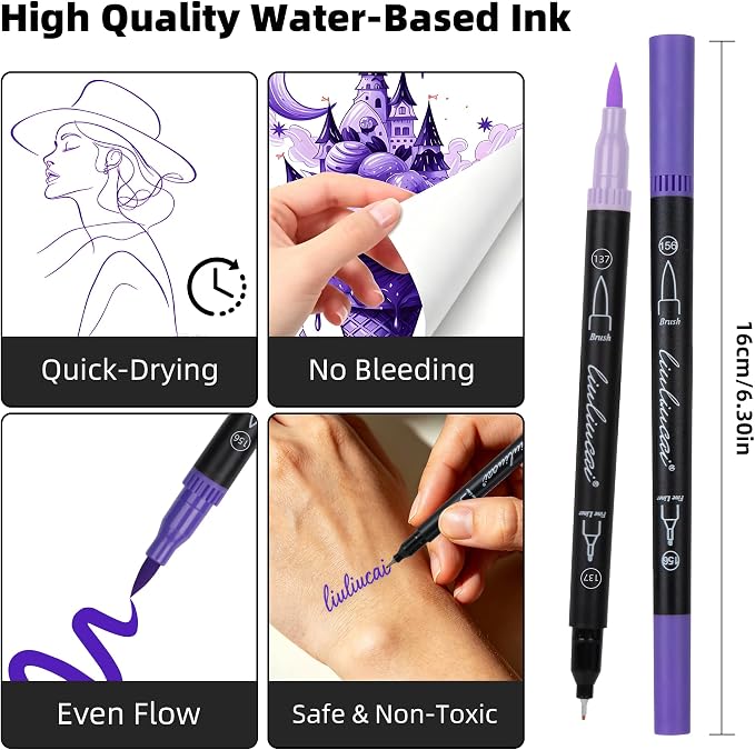 LIULIUCAI 10 Purple Dual Marker, Fine & Brush Tip Pen for Adult Coloring
